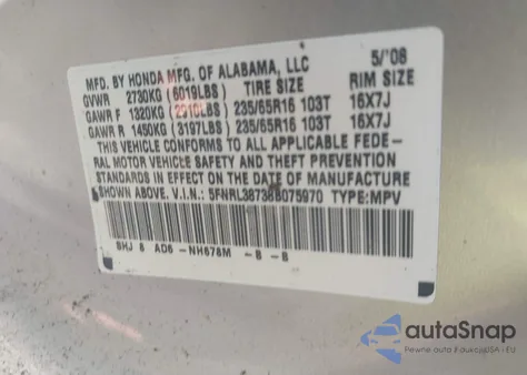 2008 Honda Odyssey Ex-L from USA, damaged, VIN 5FNRL38738B075970